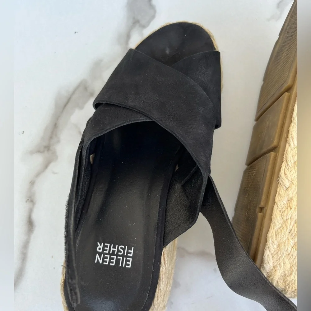Women's Eileen Fisher Wedge Espadrilles black leather sandals size 6